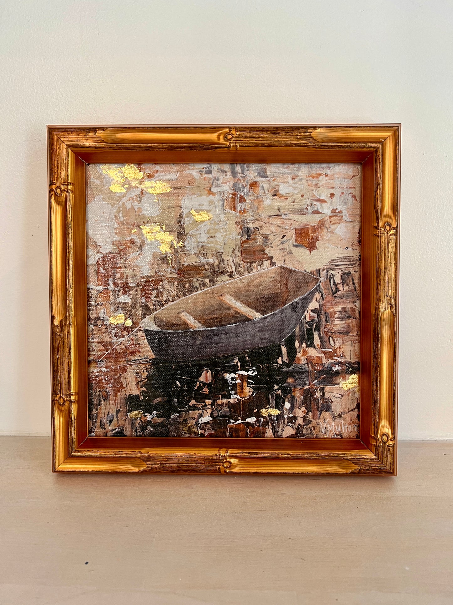 “Anchored” Framed Boat Art Print – 8x8 Giclée on Canvas with Gold Leaf