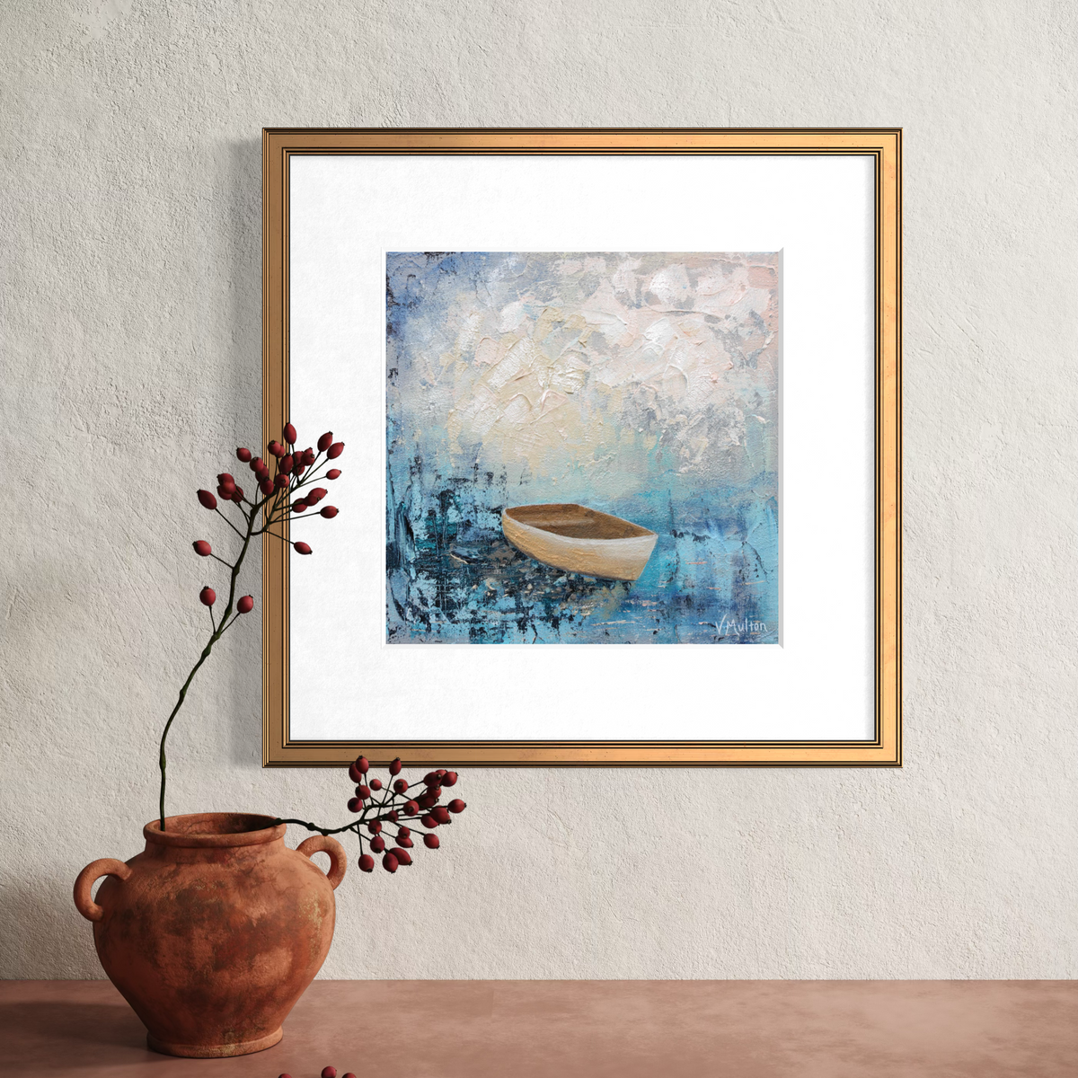 “Deep Blue” Square Peaceful Boat Giclée Art Print