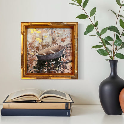 “Anchored” Framed Boat Art Print – 8x8 Giclée on Canvas with Gold Leaf