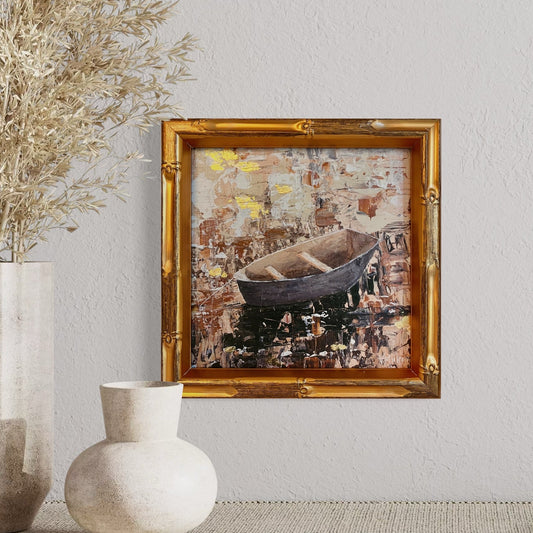 “Anchored” Framed Boat Art Print – 8x8 Giclée on Canvas with Gold Leaf