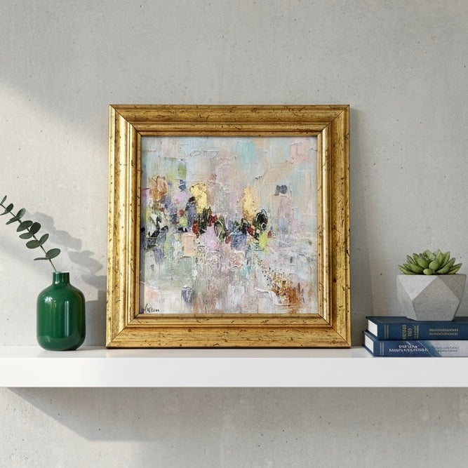 “Cotton Candy Sky” Framed Abstract Art Print – 8x8 Giclée on Canvas with Gold Leaf