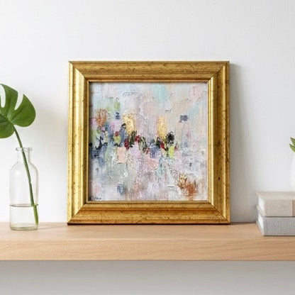 “Cotton Candy Sky” Framed Abstract Art Print – 8x8 Giclée on Canvas with Gold Leaf