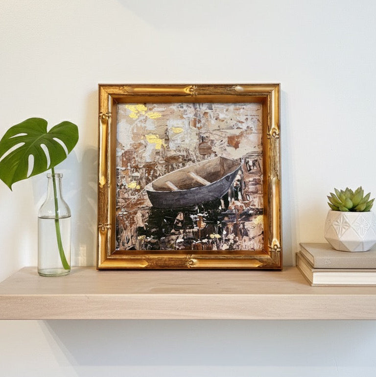 “Anchored” Framed Boat Art Print – 8x8 Giclée on Canvas with Gold Leaf