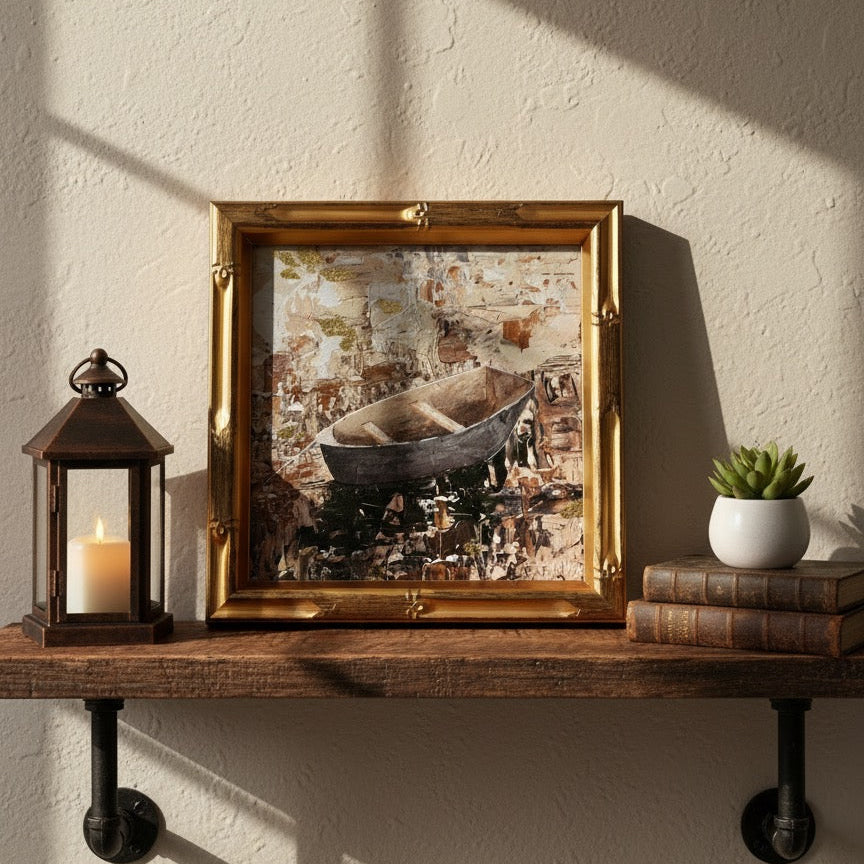 “Anchored” Framed Boat Art Print – 8x8 Giclée on Canvas with Gold Leaf