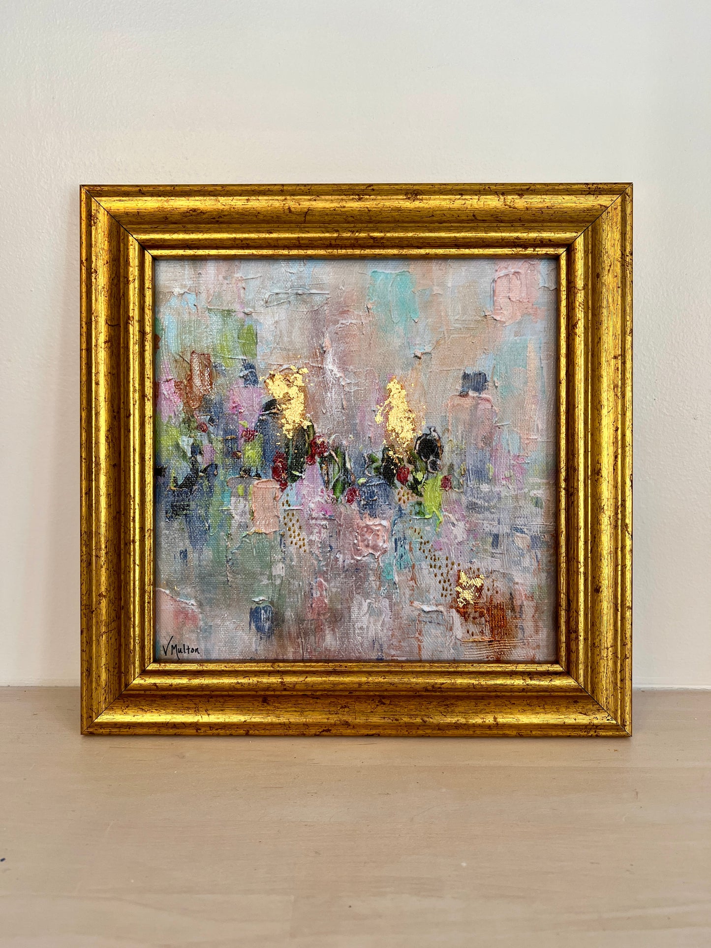 “Cotton Candy Sky” Framed Abstract Art Print – 8x8 Giclée on Canvas with Gold Leaf